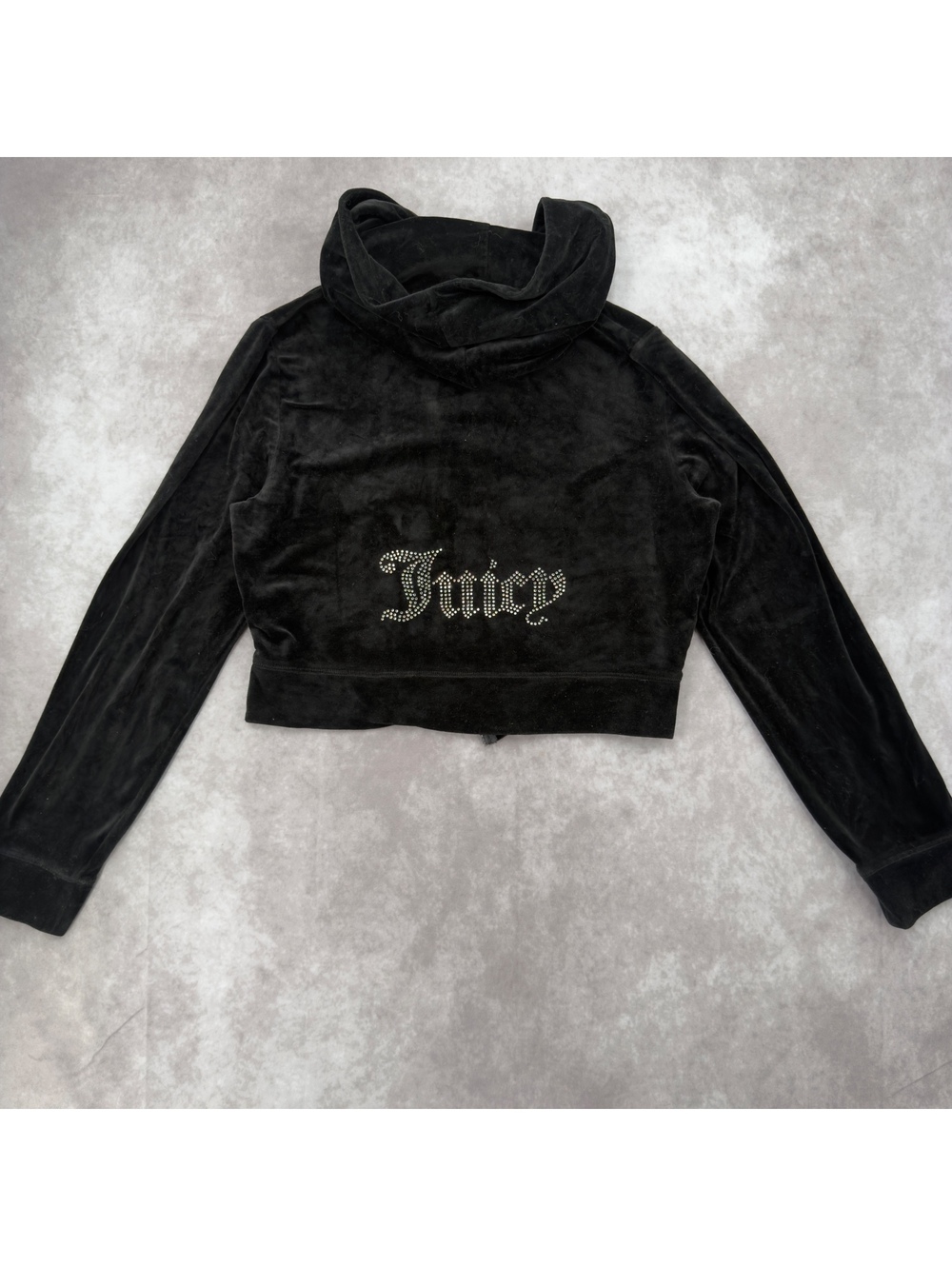 Juicy Couture Black Velour Rhinestone Cropped Zip Up Hoodie Size XL